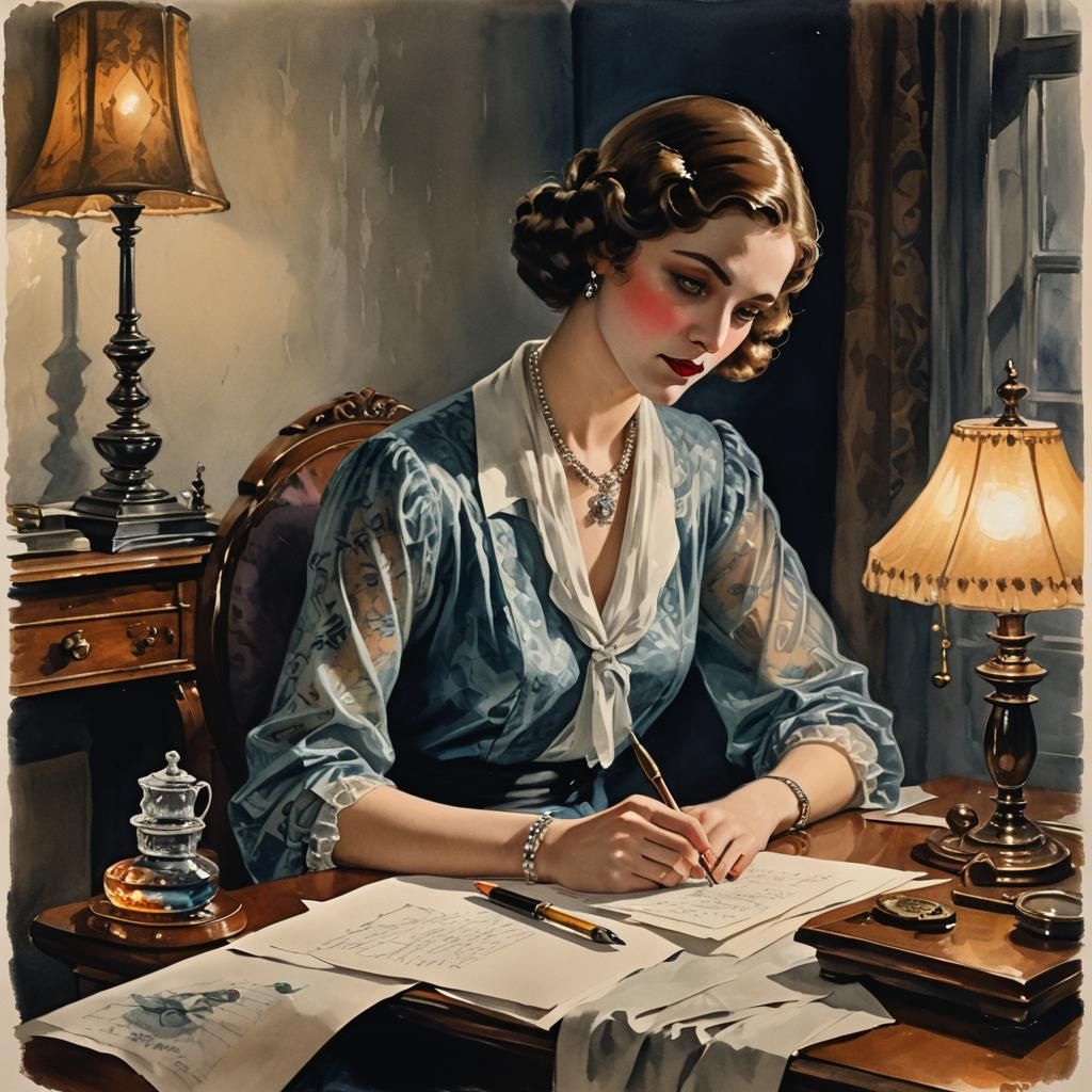 Woman Writing Letter by Lamplight in Hyperrealism