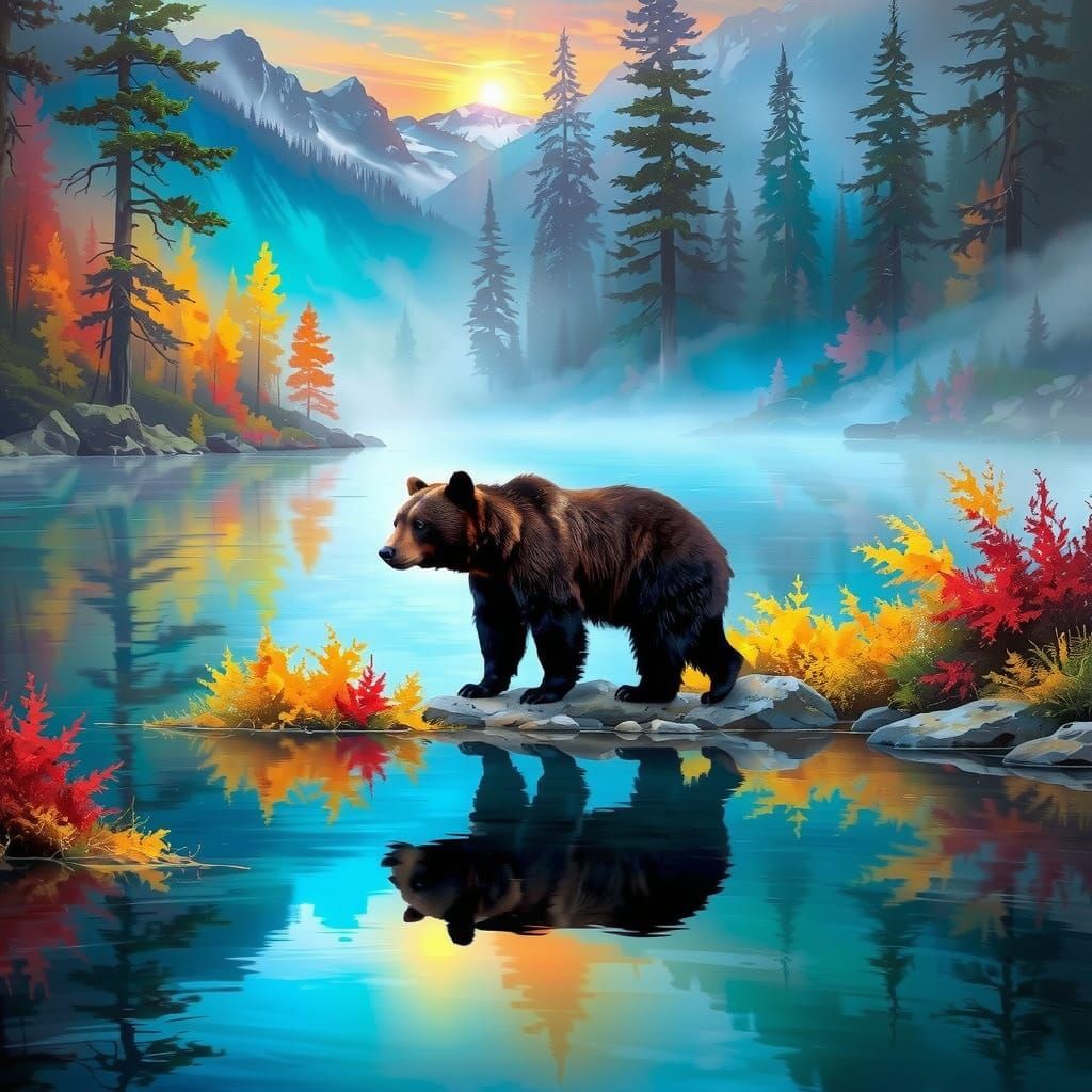 Majestic Black Bear Surrounded by Vibrant Misty Mountains