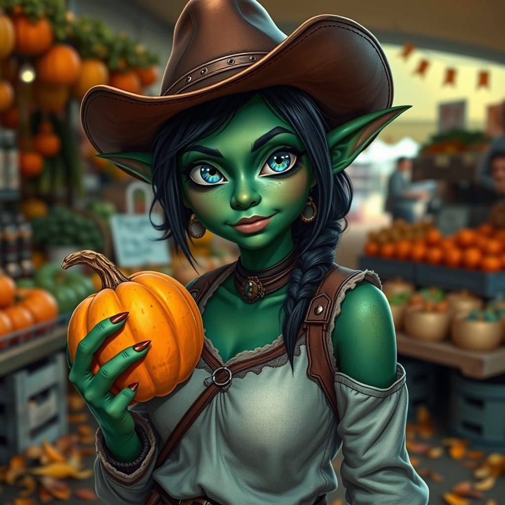 Goblin Woman in Western Attire at Autumn Farmer's Market