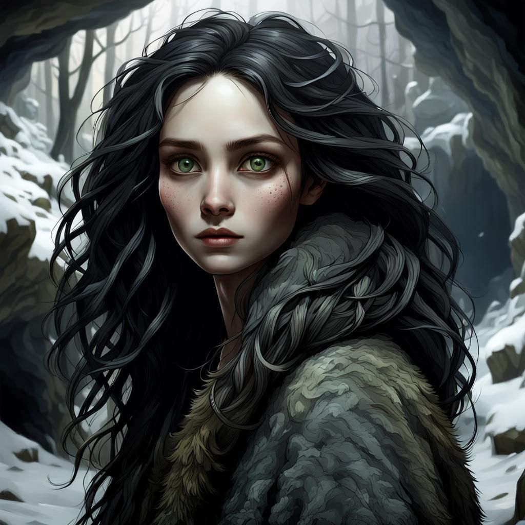 Slender Woman in Cave with Detailed Eyes