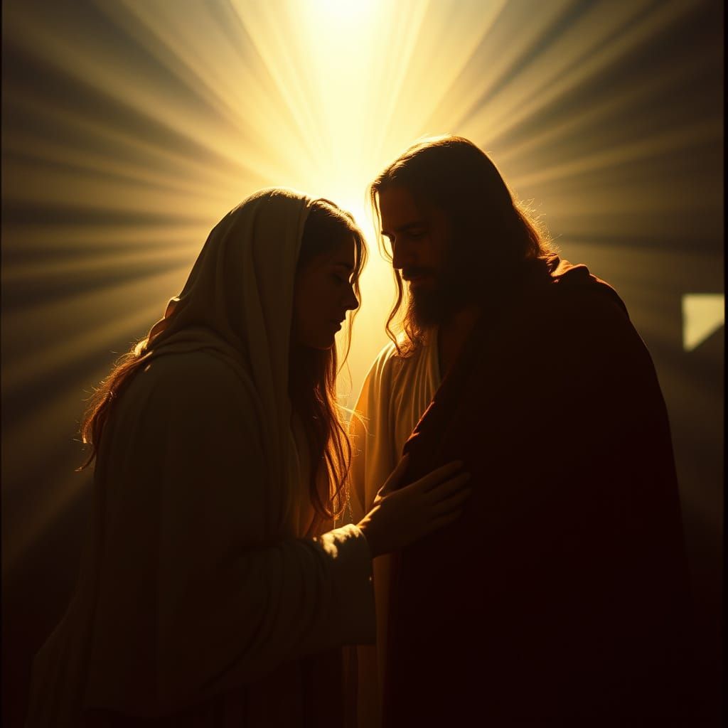 Jesus Surrounded by Light Rays in a Cinematic Film Still