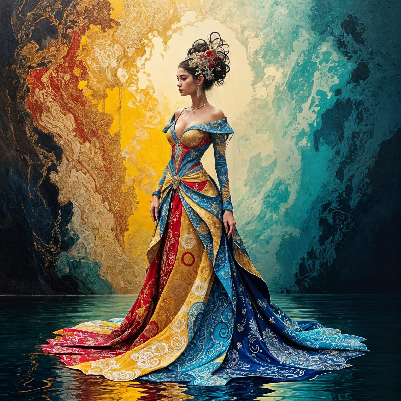 Luxurious Evening Gown with Gold Embroidery Details