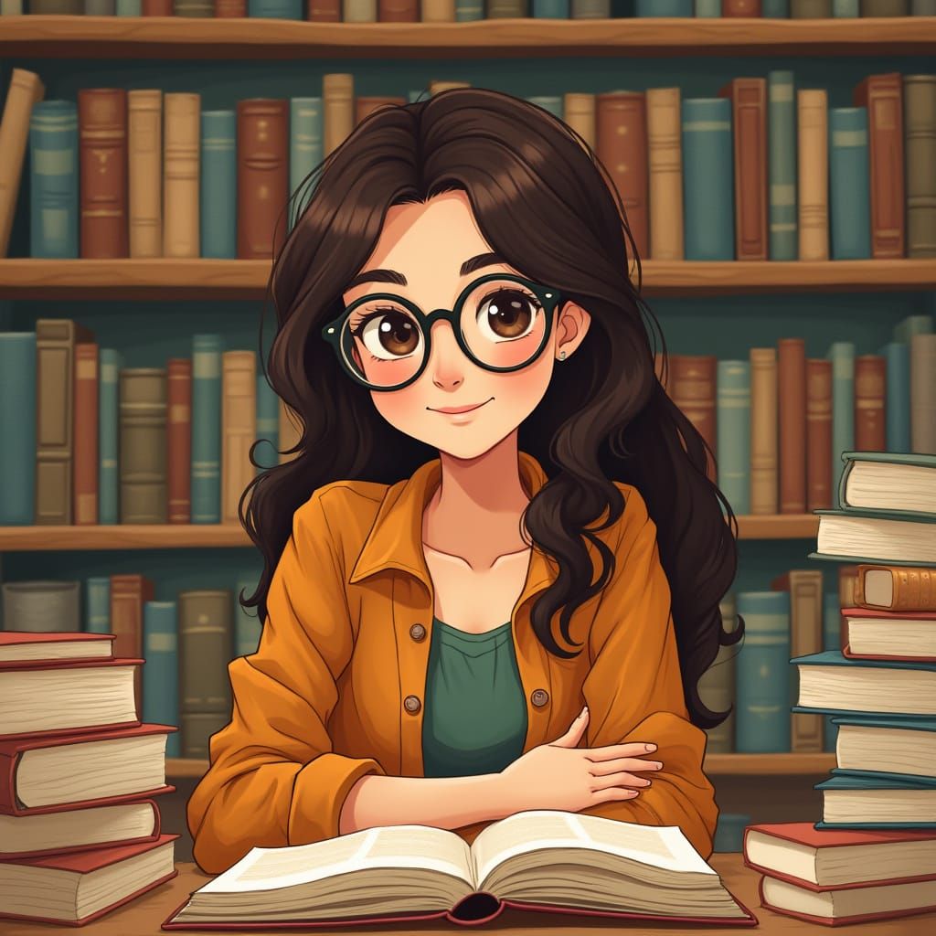 Whimsical College Girl in Cozy Library