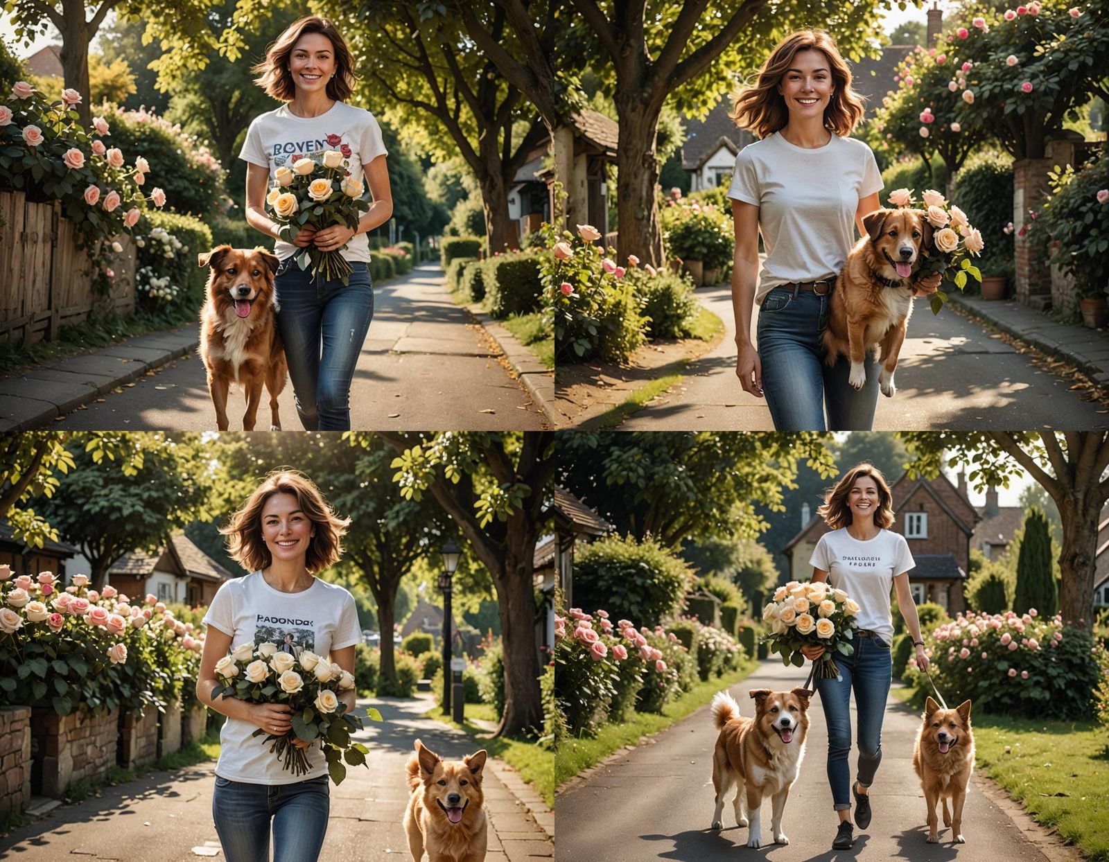 Woman with Roses and Dog in Sunny Village