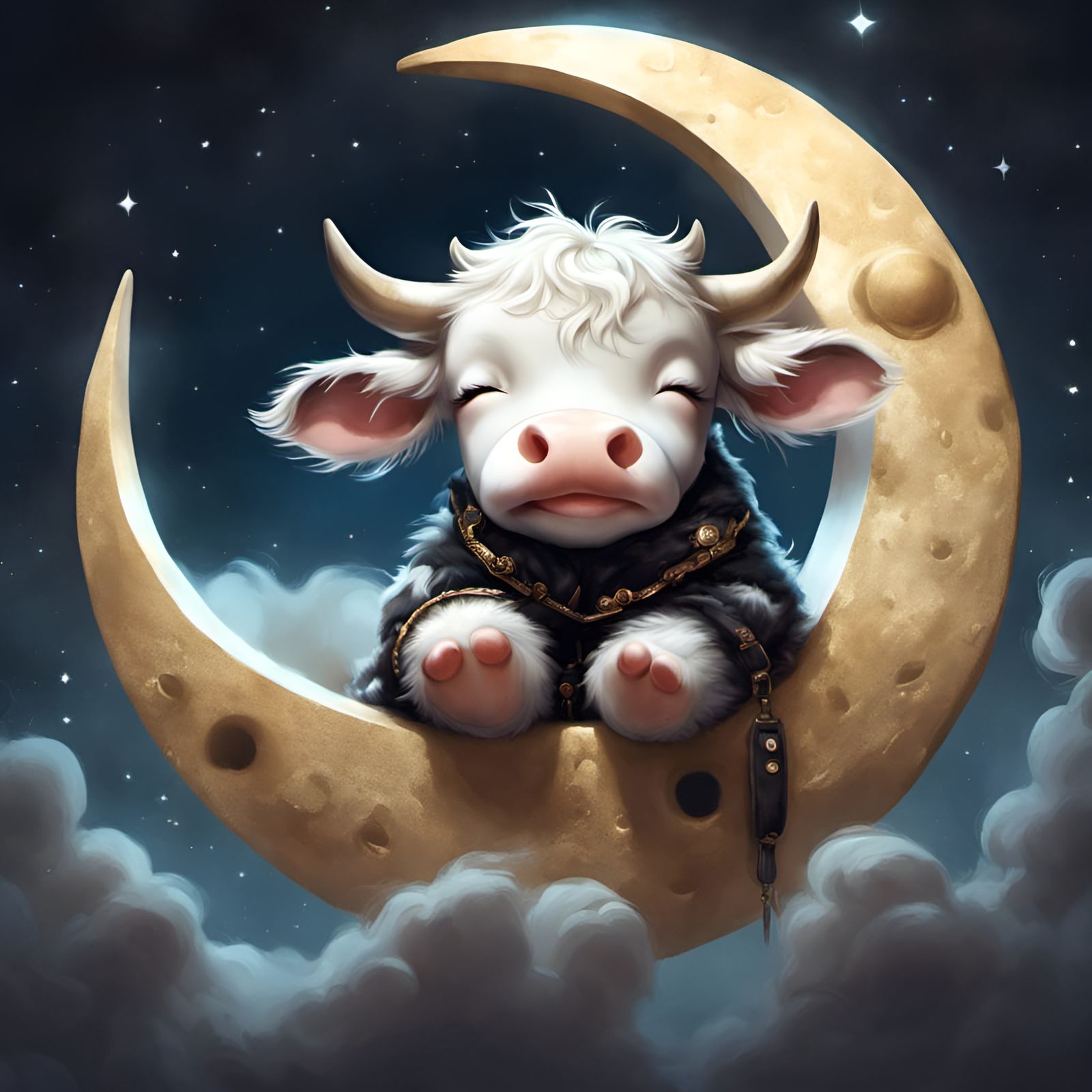 Chibi Cow Dreams on the Moon, Detailed Digital Art