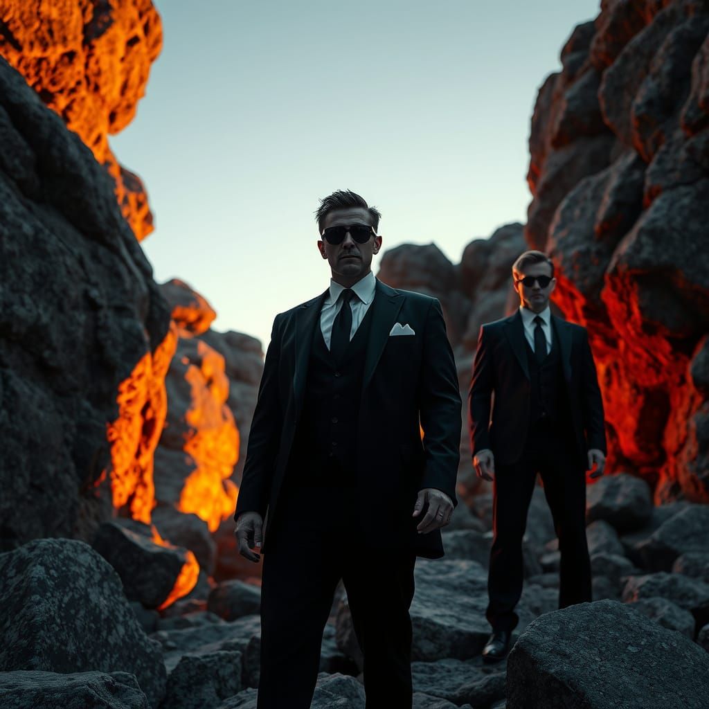 Men in Black at Eerie Rock Formation in Twilight