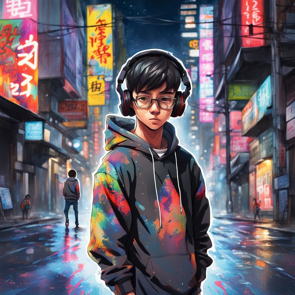 Asian twink boy, stunning eyesight, wearing hoodies, adorable, round frame glasses, walking in Japan night city-street ,...
