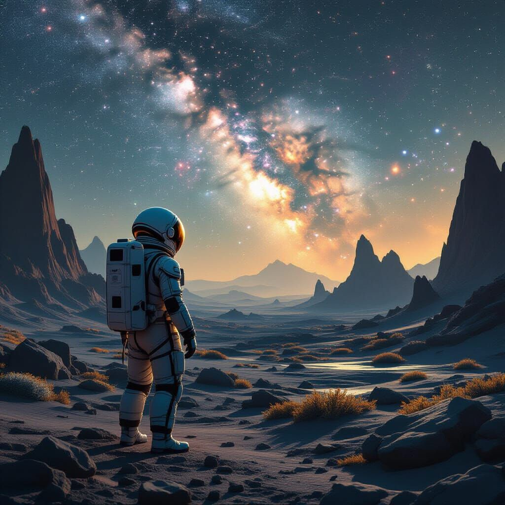 Astronaut on Alien Planet Gazing at Nebula Sky