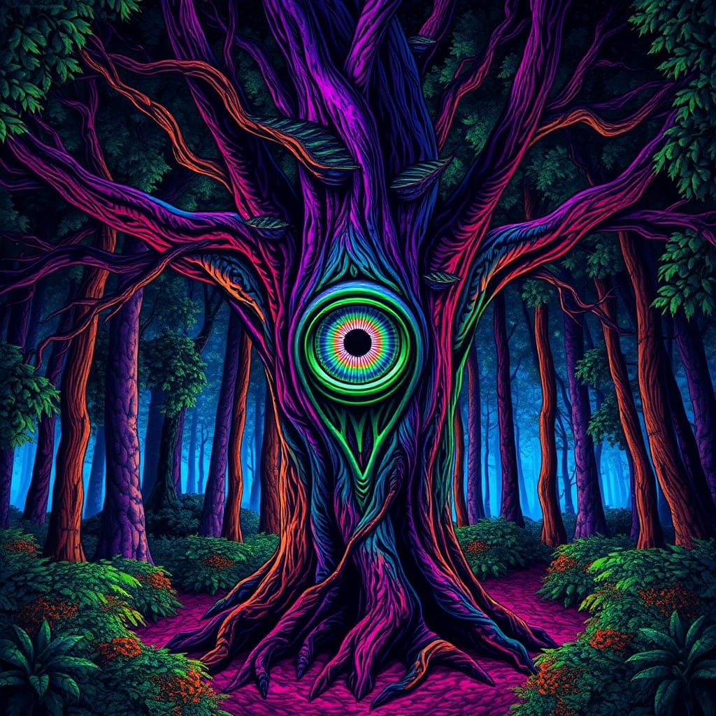 Psychedelic Tree with Fluorescent Eye in Trippy Forest