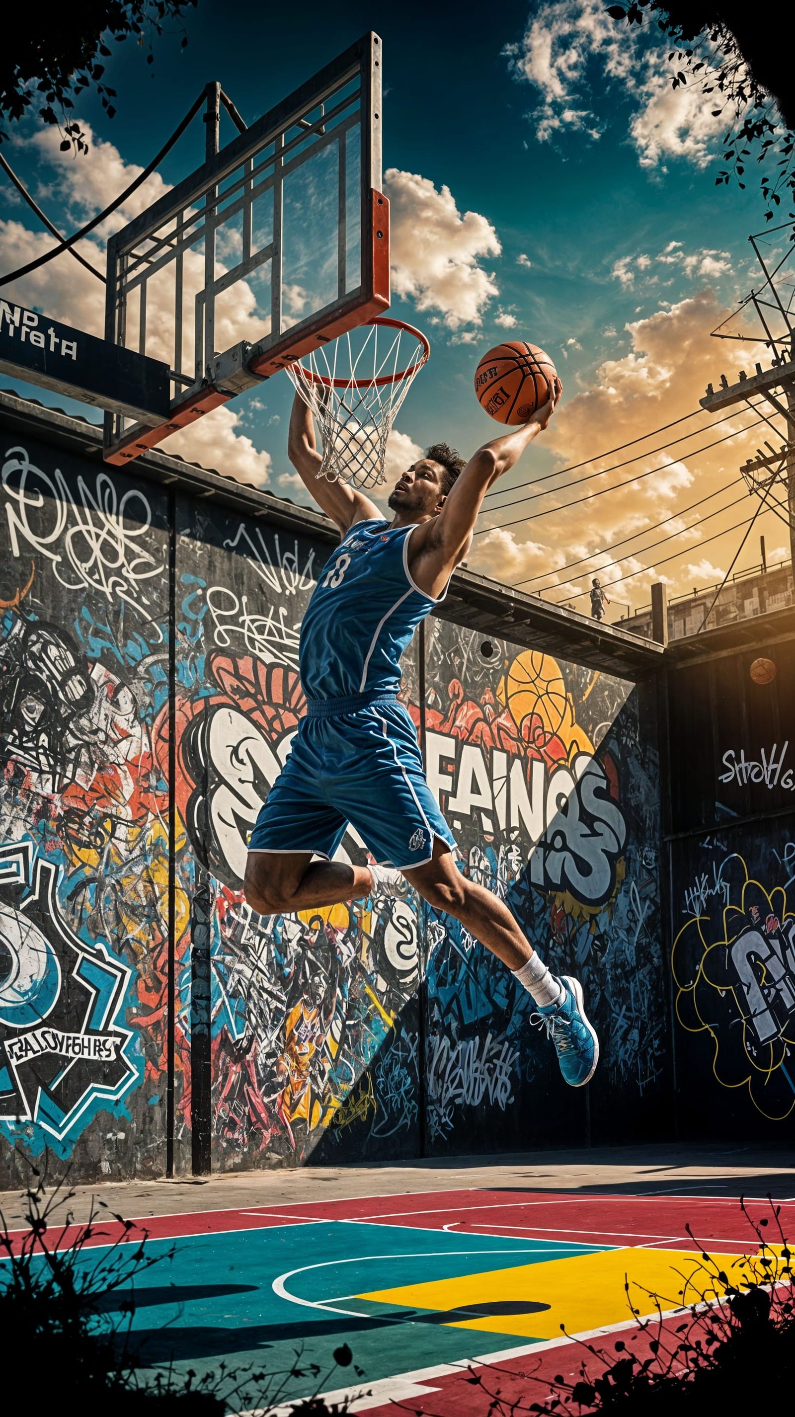 Basketball Player Slam Dunk in Urban Setting