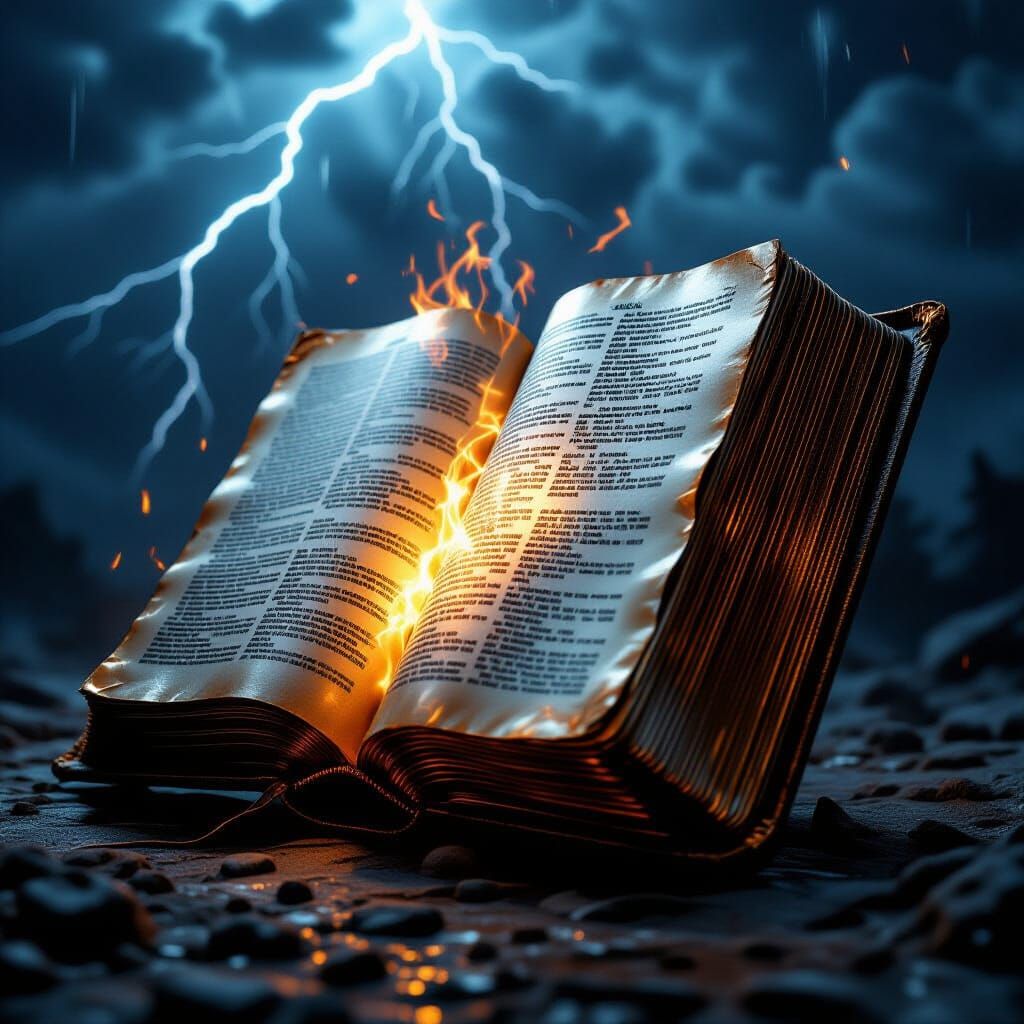 Copper Bible with Stormy Backdrop in Dark Surrealism Style