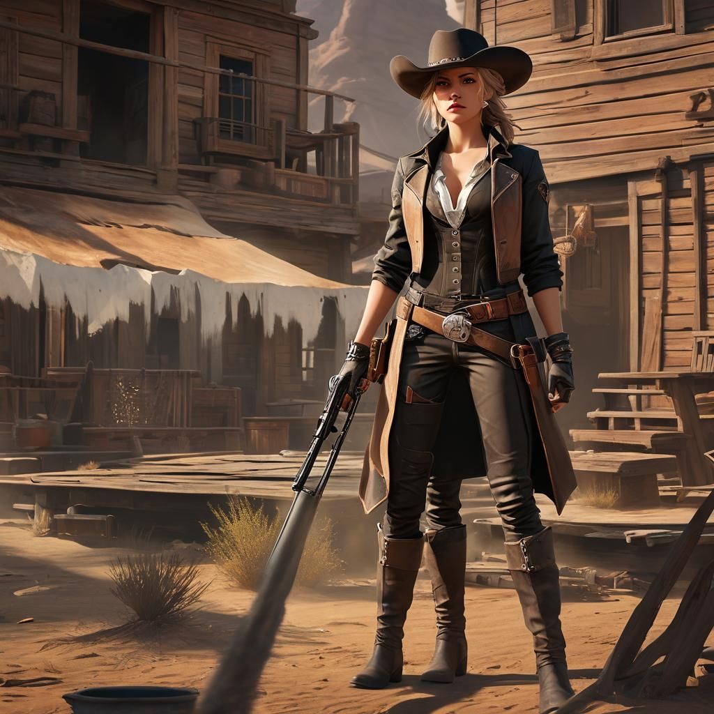 Confident Female Gunslinger in Sun-Scorched Western Town