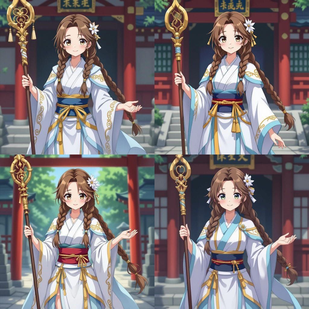 Anime Shrine Priestess with Ornate Staff in Muted Tones