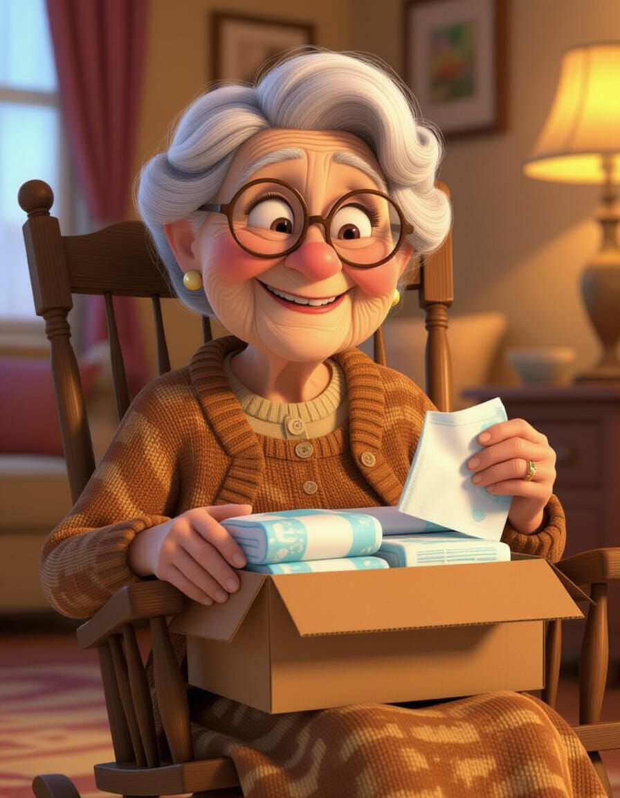 Joyful Grandma Discovering Diapers in Pixar Animation