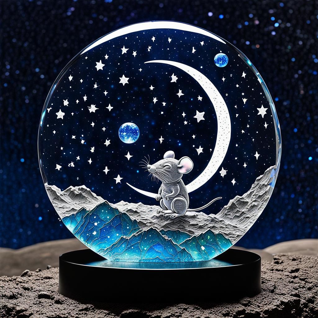 Crystal Mouse Sculpture on Moon Under Starry Sky