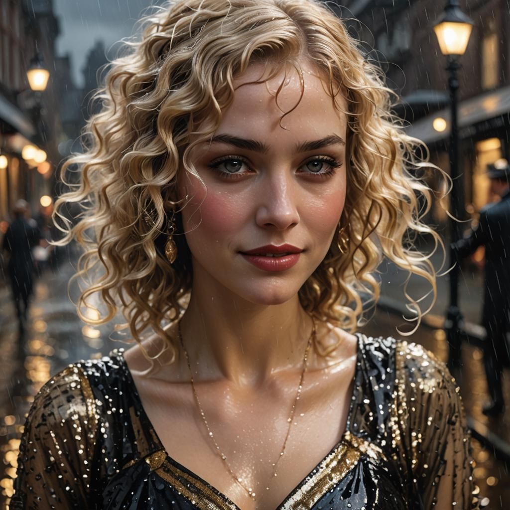 1920s Woman in Gown Walking in Rain