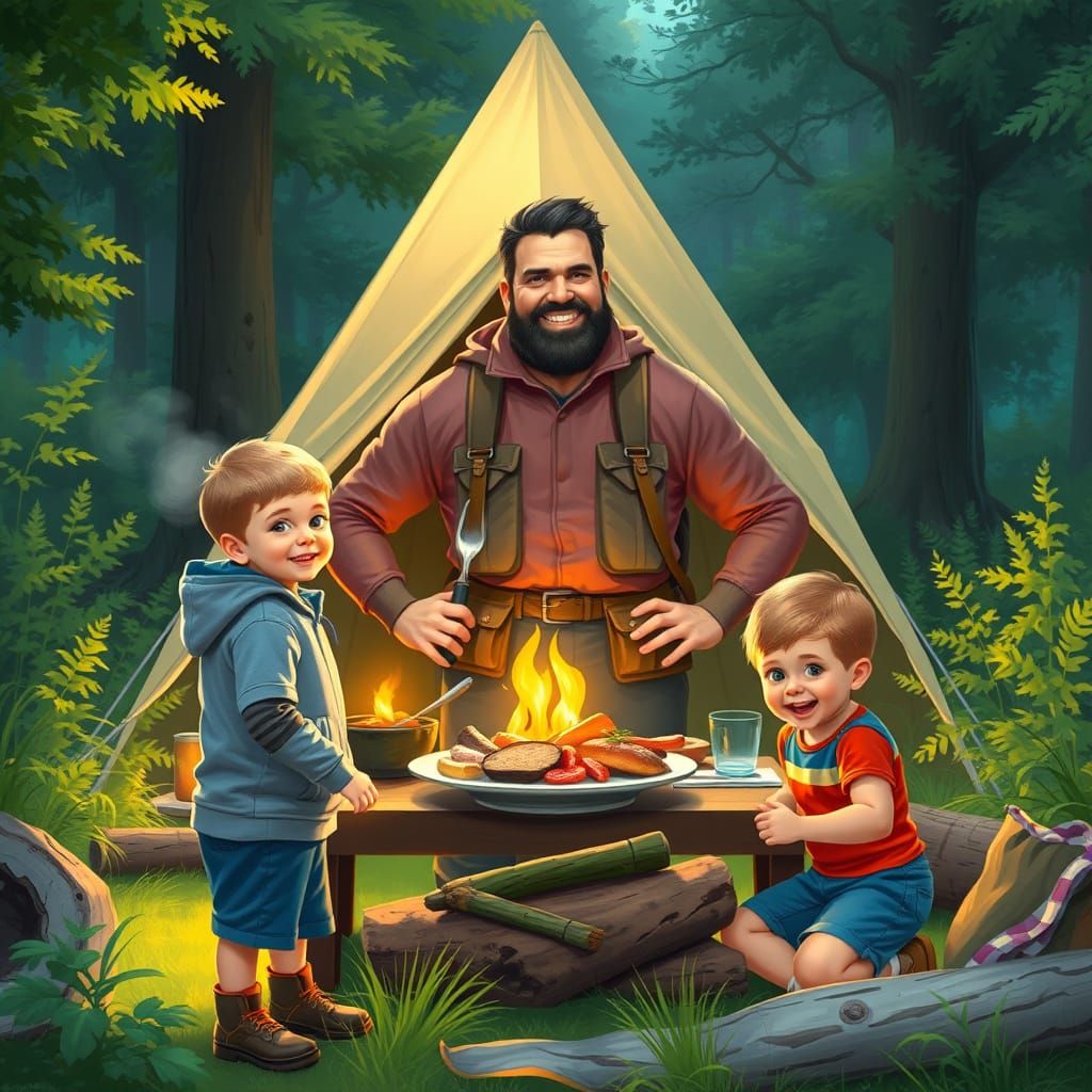 Heartwarming Campsite Scene in Painterly Style