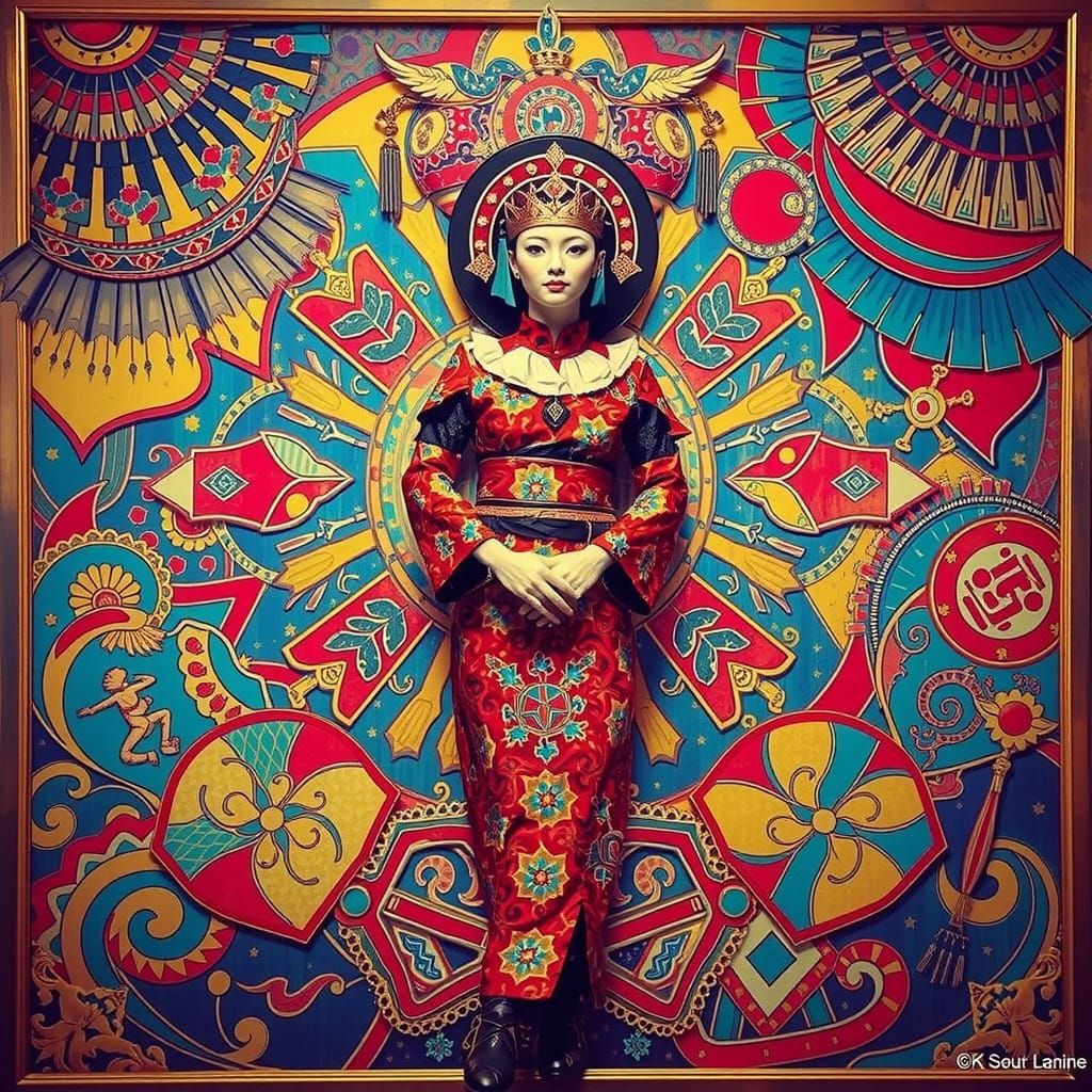 Photorealistic Full Body Shot of Harlequin, Geisha, and Tuta...