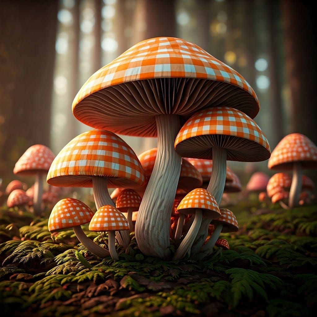 Vibrant Gingham Mushrooms in a Whimsical Forest