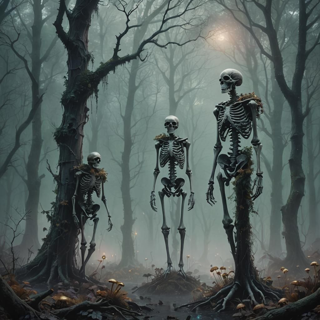 Ethereal Skeletons in Misty Forest: Gothic Fantasy Art