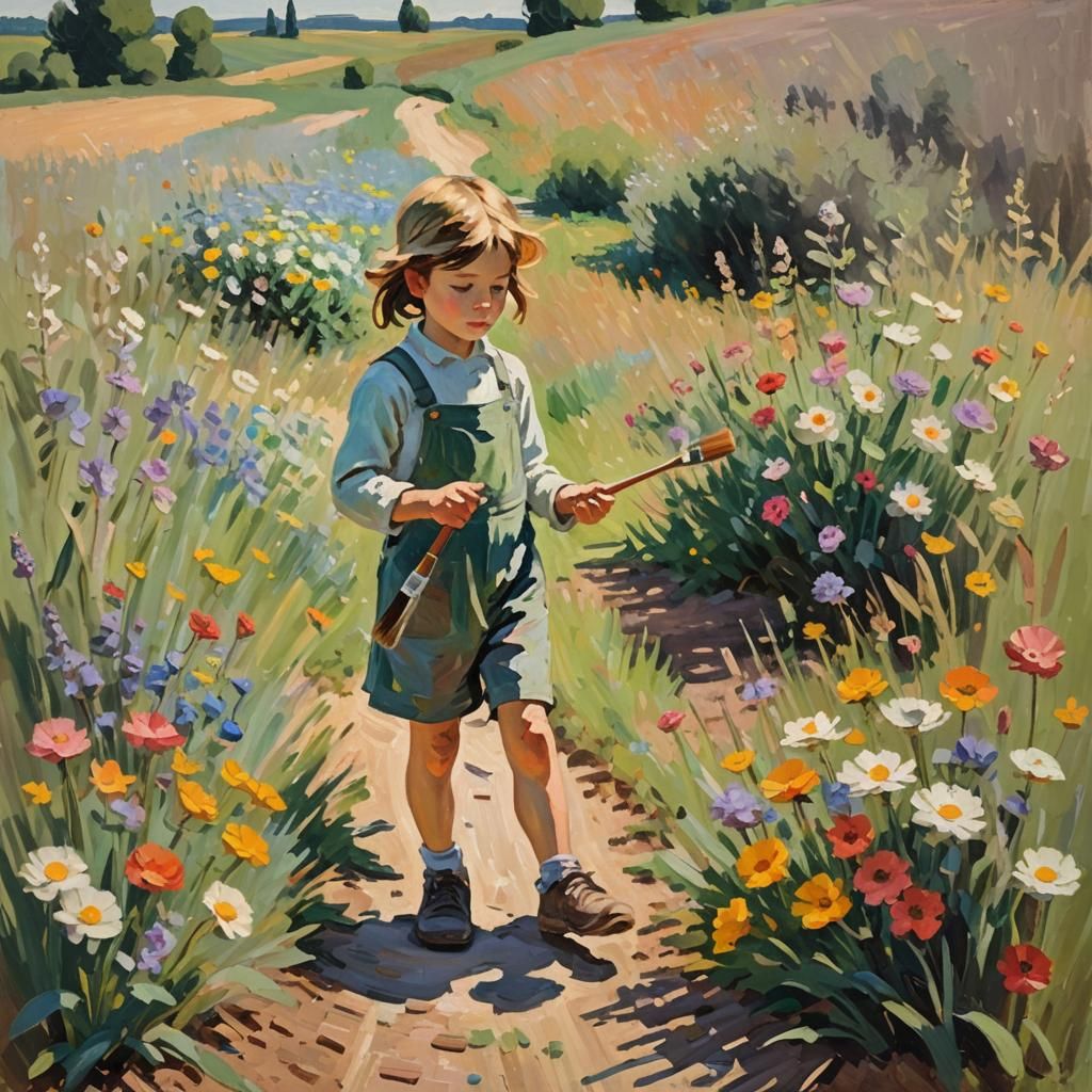 Child Artist in Flower Field: Impressionist Impasto Painting