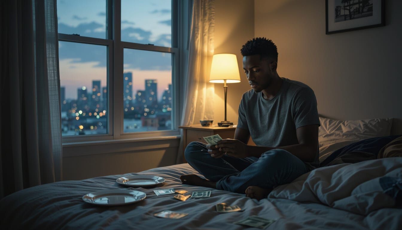 Young Man Counts Bills on Bed, City Skyline View
