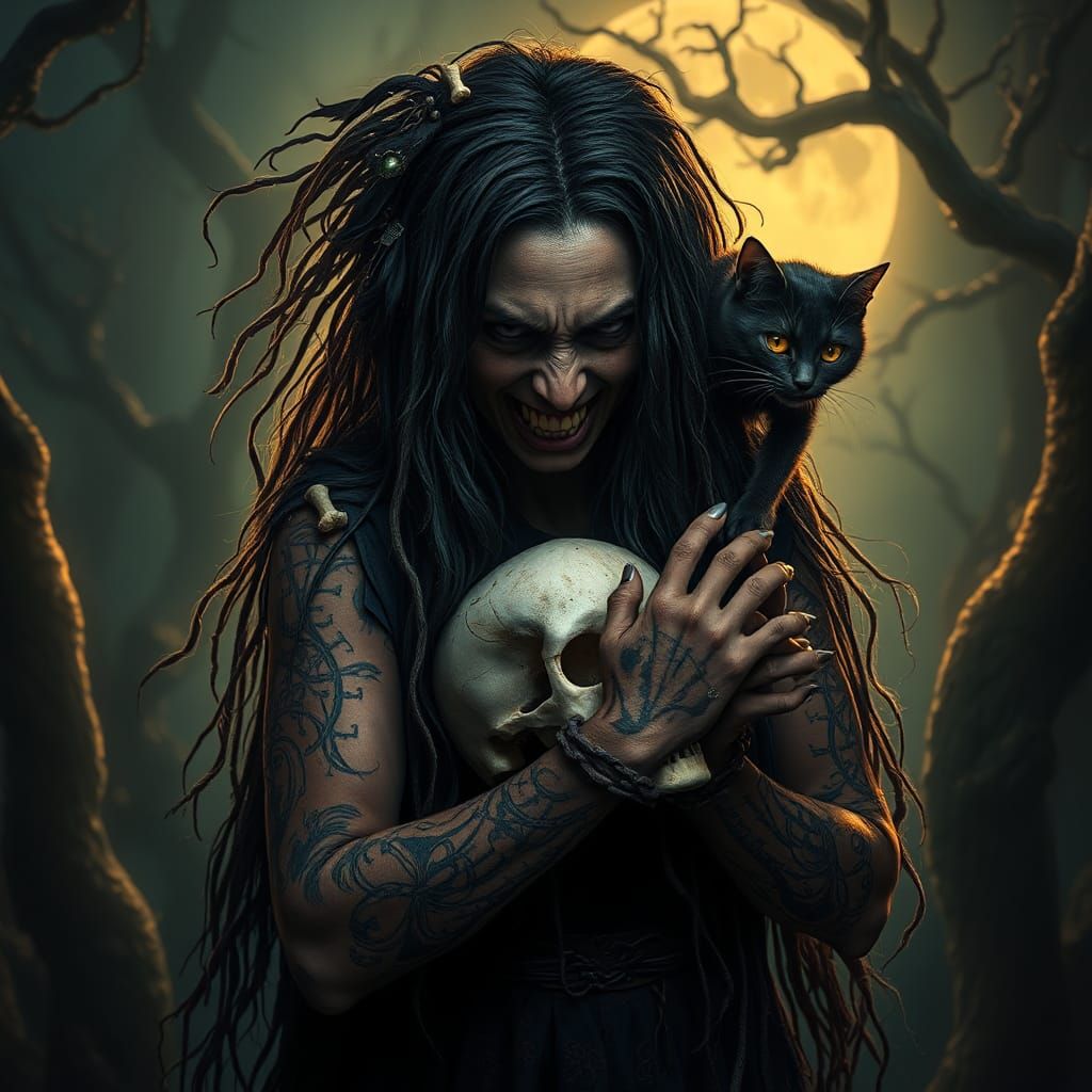 Angry Witch in Forest with Cat, Digital Art