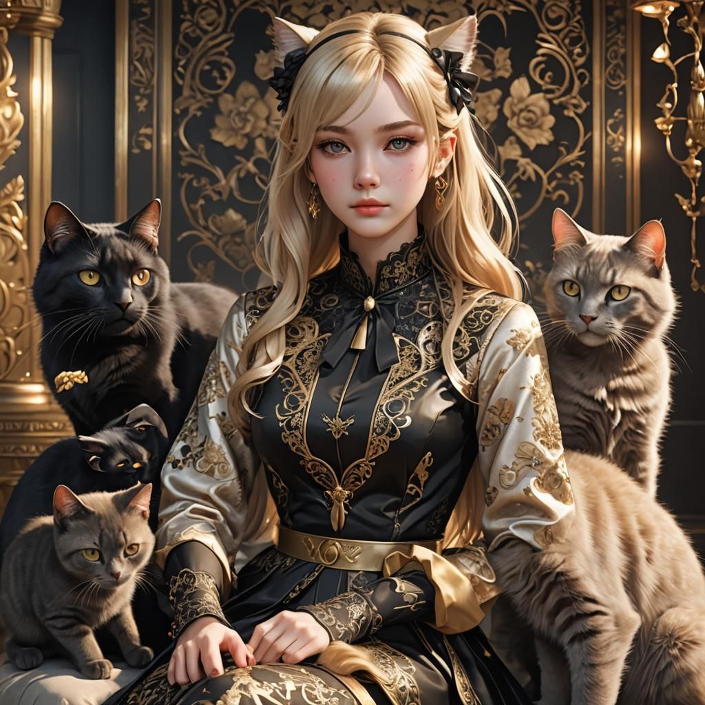Blonde Lady Surrounded by Black Cats in Anime Style