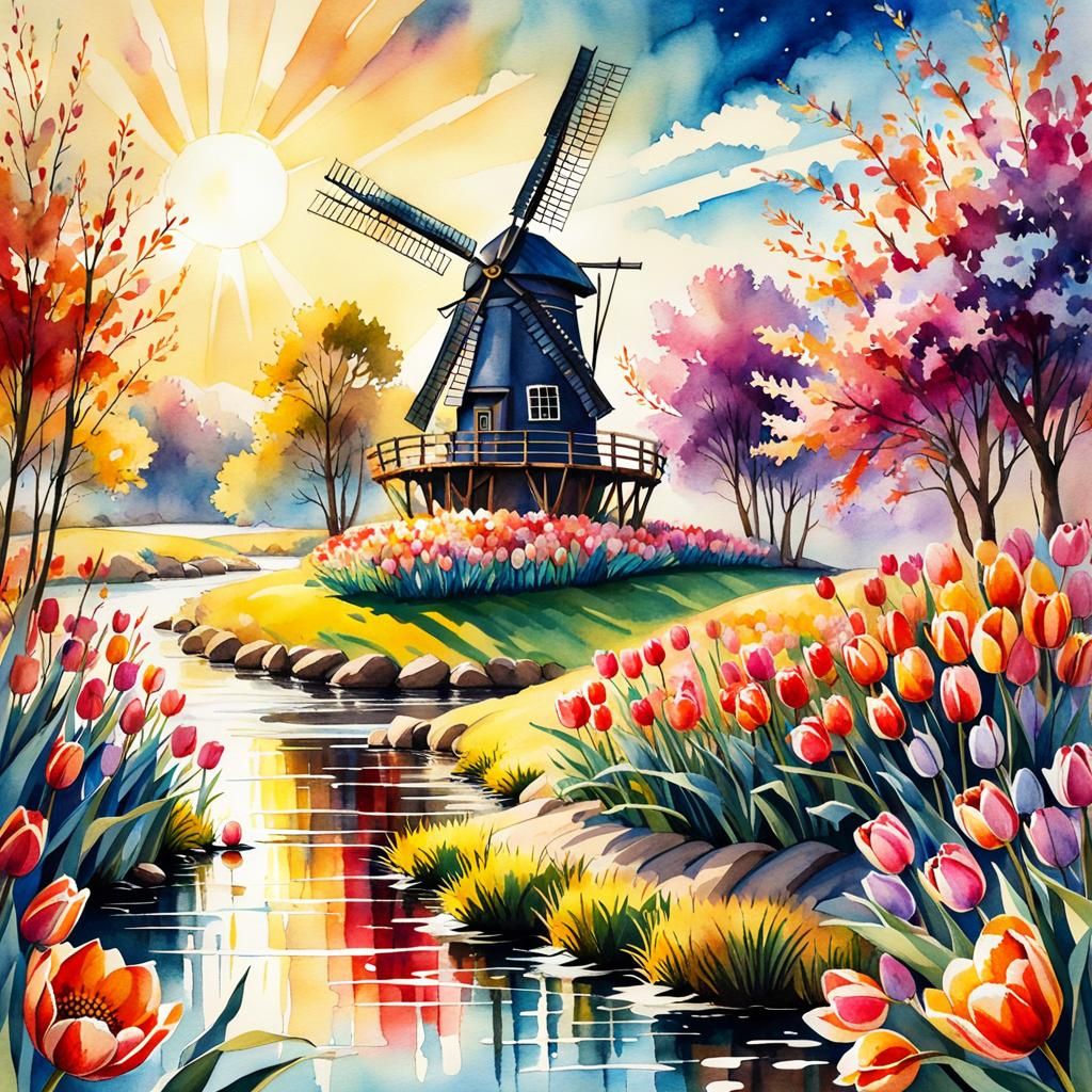 Whimsical Windmill Watercolor Illustration in Golden Light