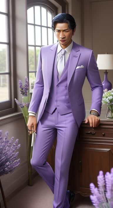 Unattractive Man in Lavender Suit with Vases