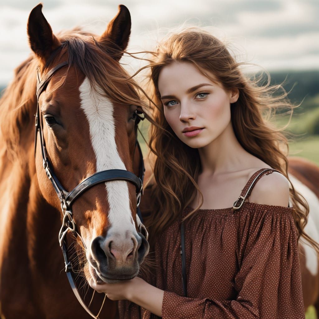 Tranquil Portrait of a Girl and Horse in Ink Illustration St...