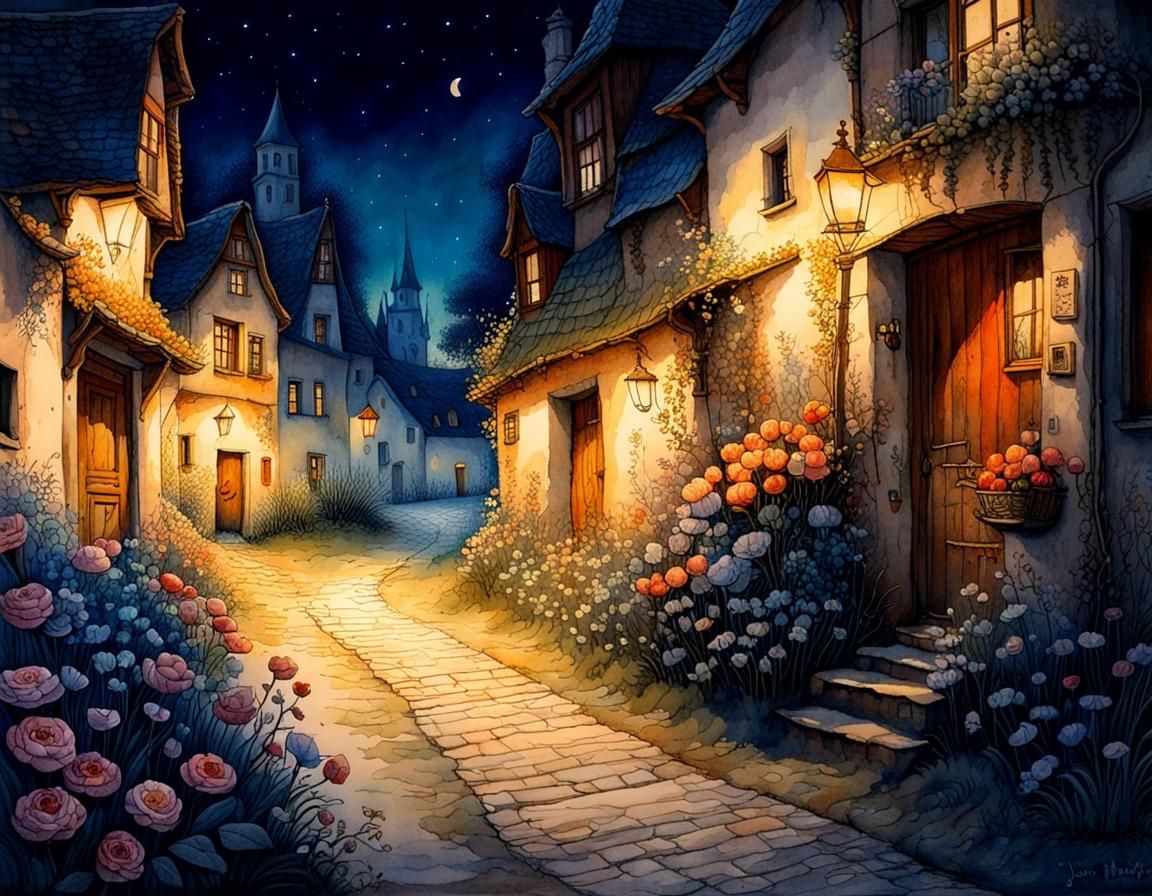 Night Street Scene in Flower-Filled Village