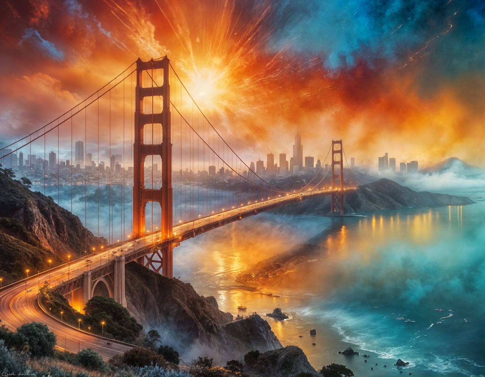Golden Gate Bridge Sunset in Vibrant Fog