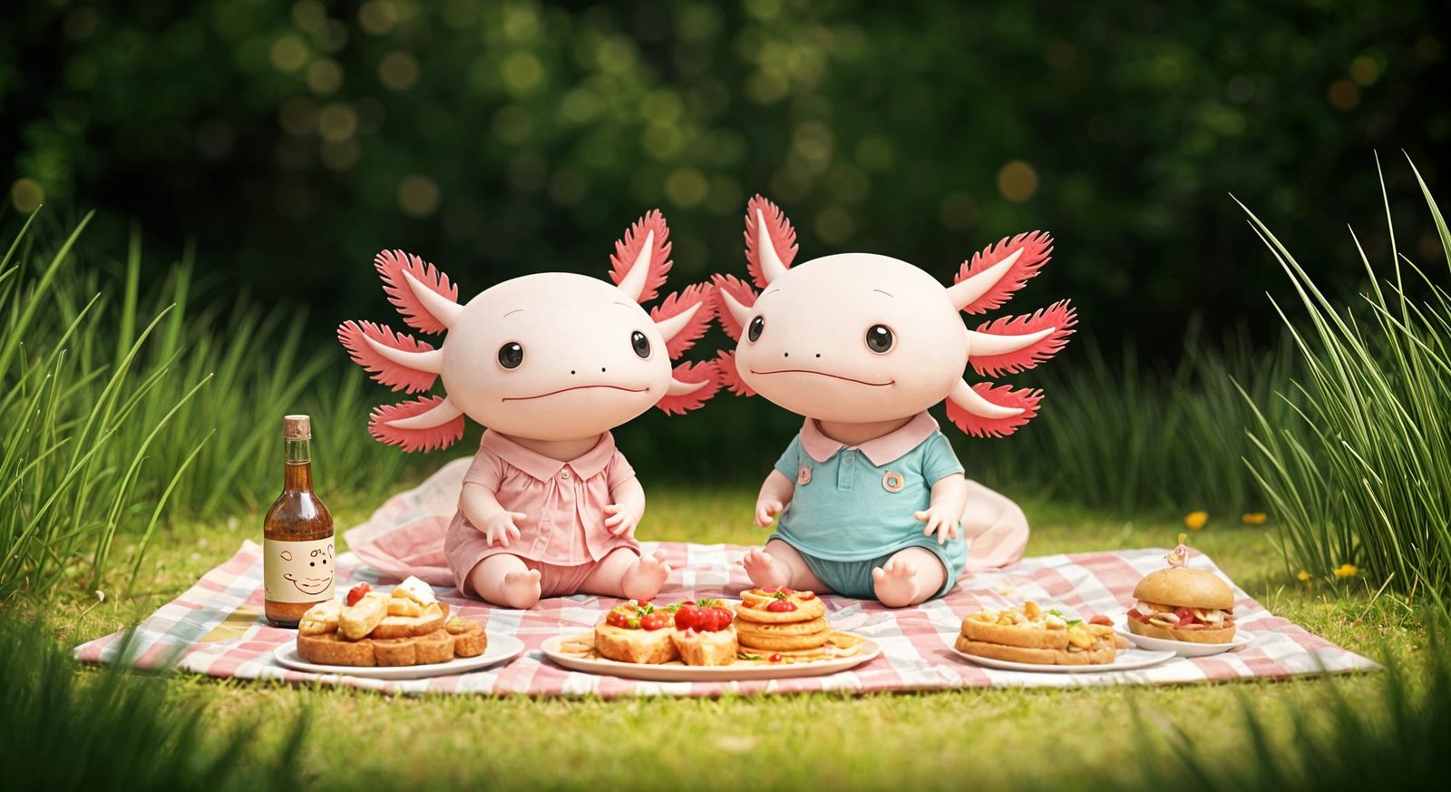 Axolotl couple having a picnic