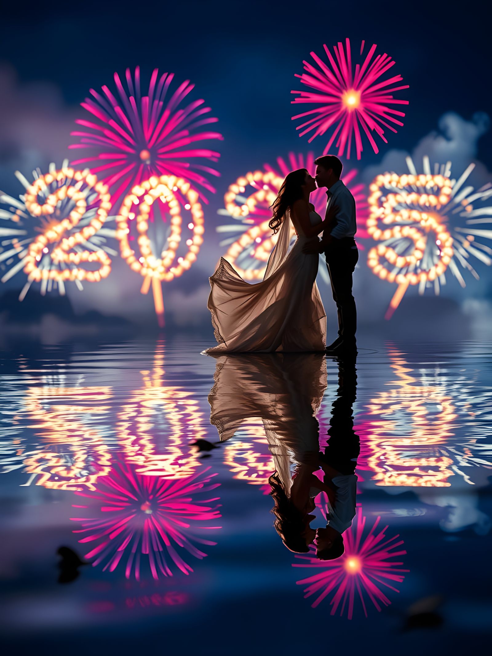 Surreal Fireworks Kiss Reflection in a Varnished Aluminum La...