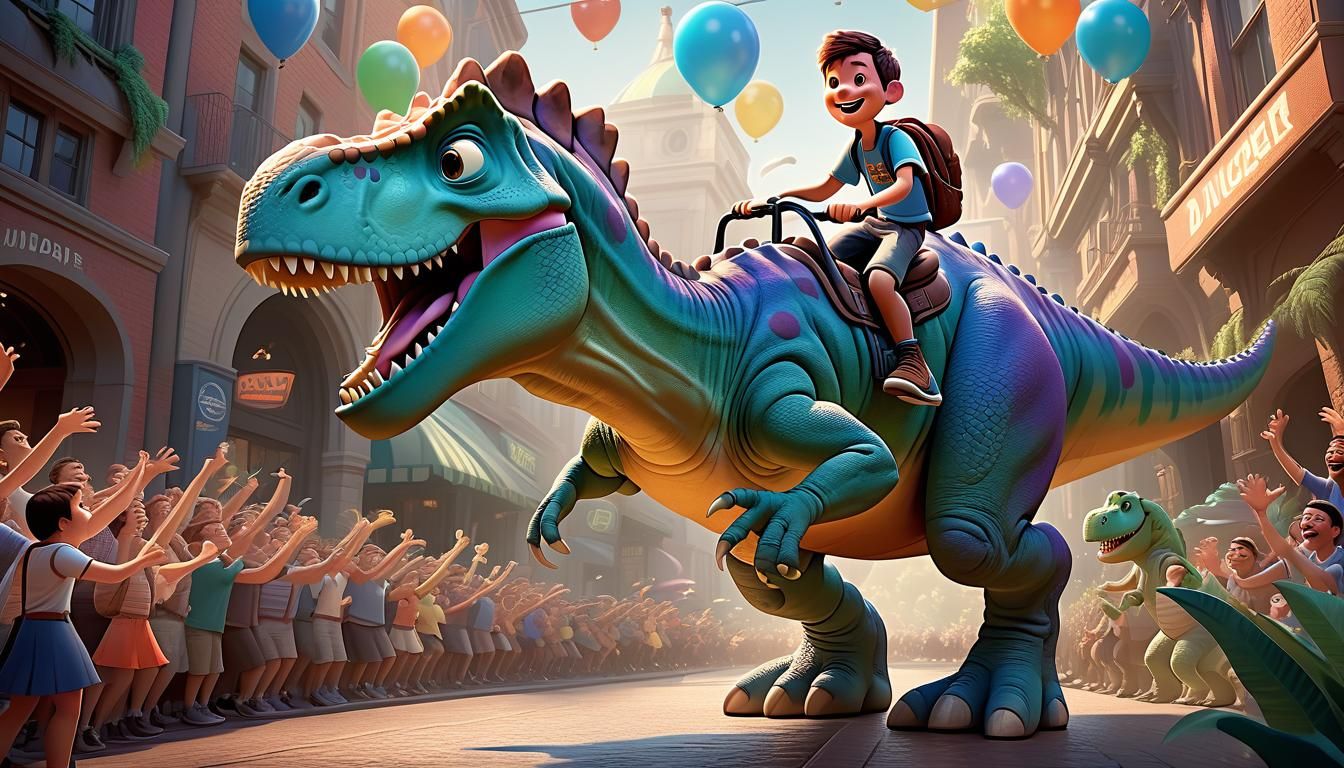 Boy Rides Dinosaur to Cheering Crowd: 3D Digital Art