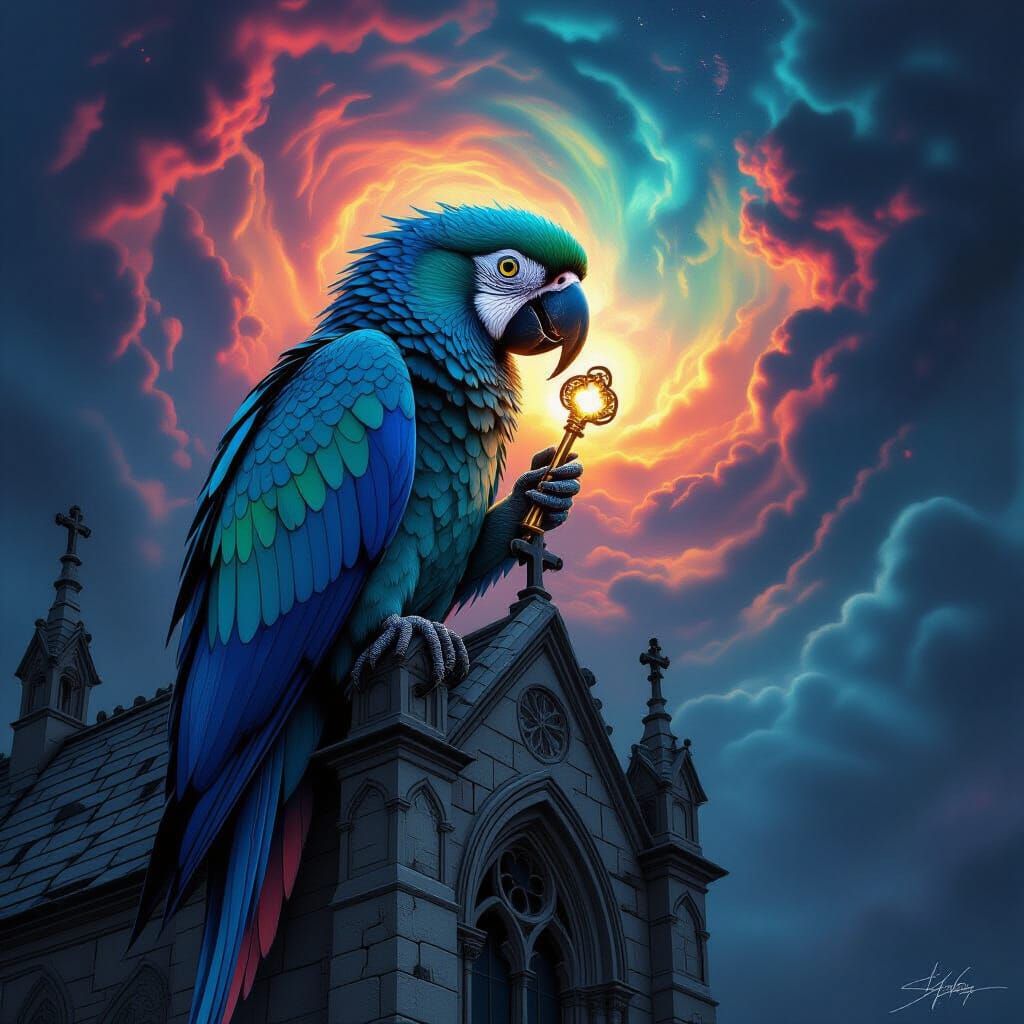 Iridescent Parrot on Gothic Synagogue