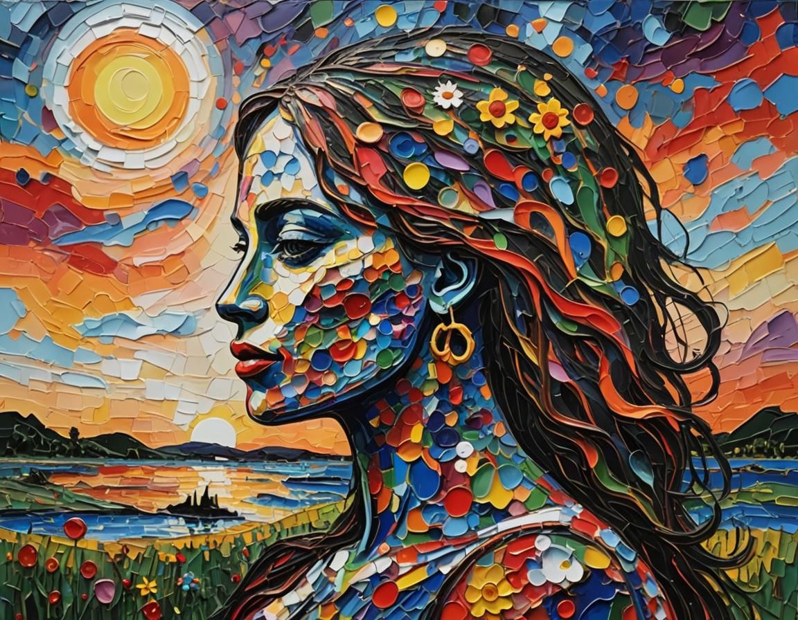 Colorful Sunset Woman in Impasto Style