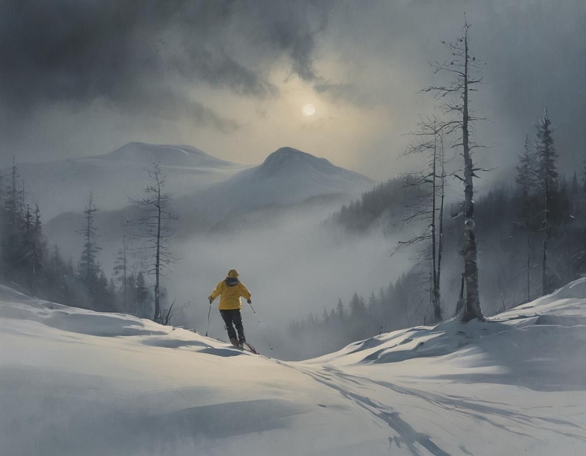 Ethereal Skier on Norwegian Mountain: Watercolour