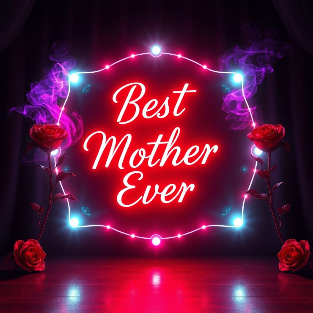 Glowing 'Best Mother Ever' Sign with Purple Smoke and Roses