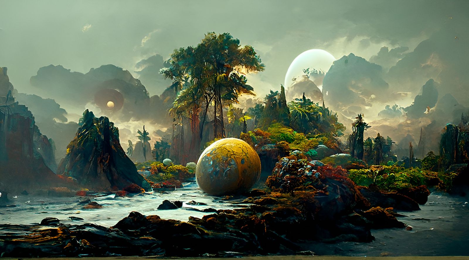 Alien Tropical Island with Glowing Flora in Kinetic Pointill...