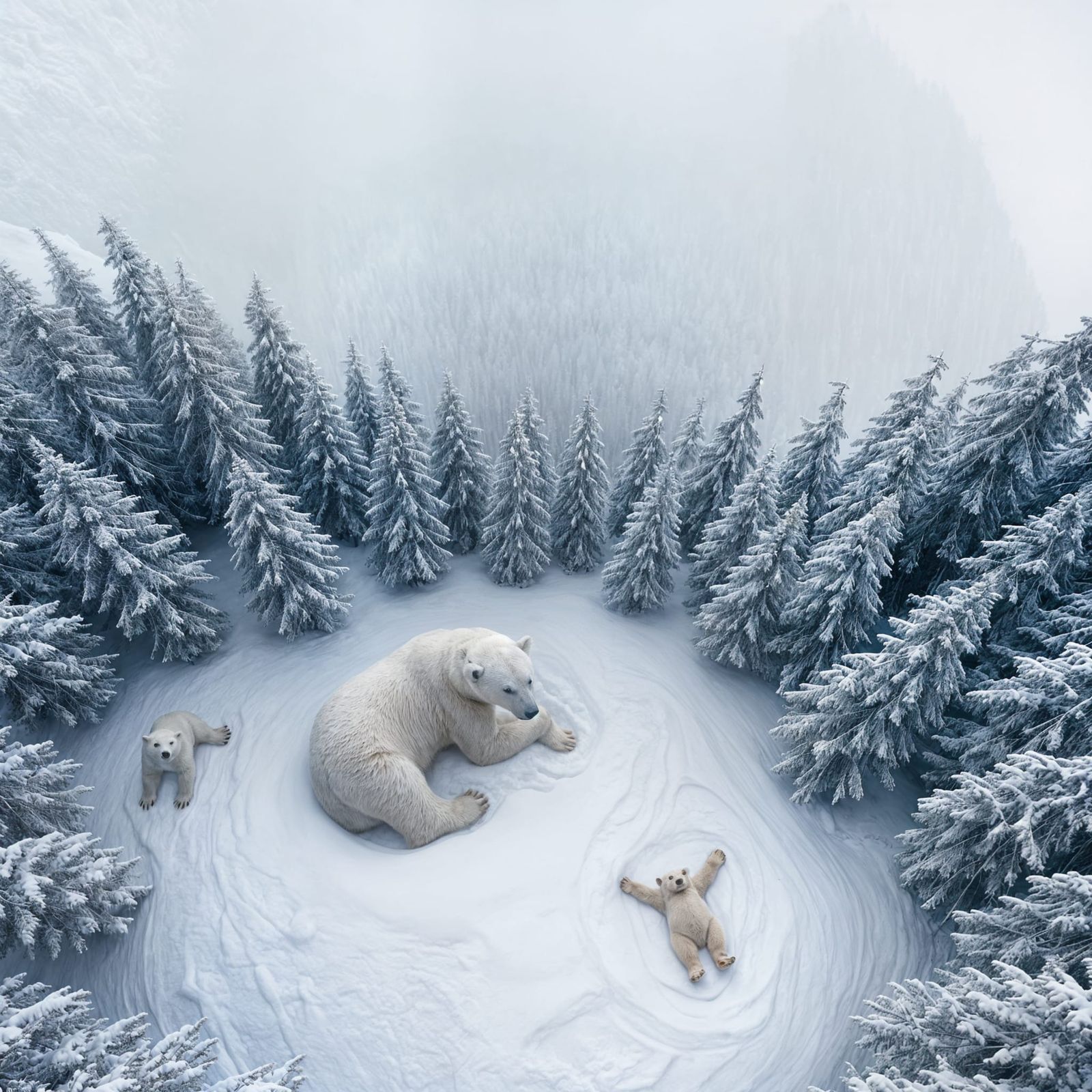 Winter Wonderland from Above: Majestic Polar Bears in a Snow...