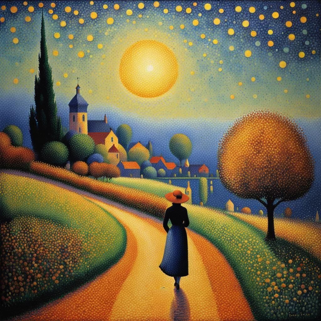 Ethereal Landscape with Woman in Pointillist Style