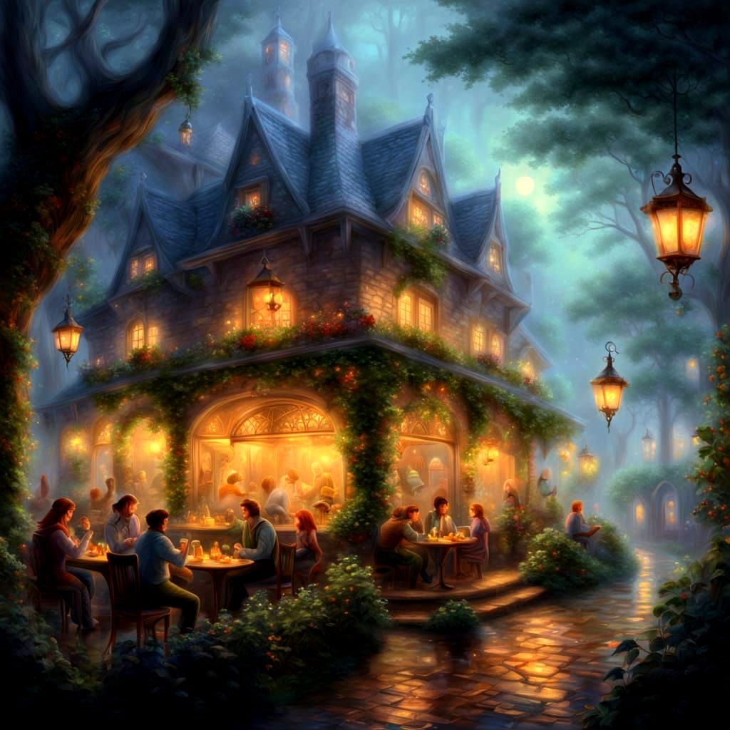 Mysterious Enchanted Cafe in Ethereal Fantasy Mist