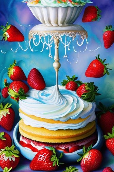 Watercolor Cake with Strawberries and Cream