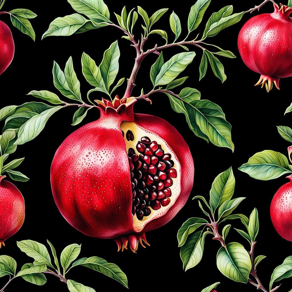 Detailed Botanical Ink Painting of a Pomegranate