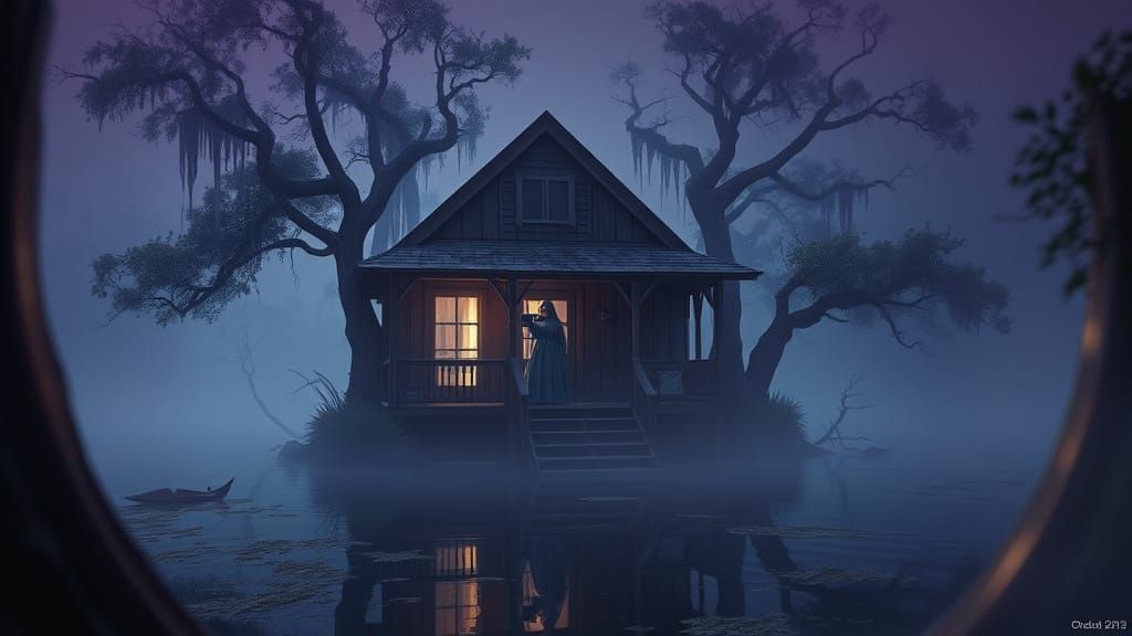 Ghostly Bayou Hermitage: Dark Fantasy Concept Art