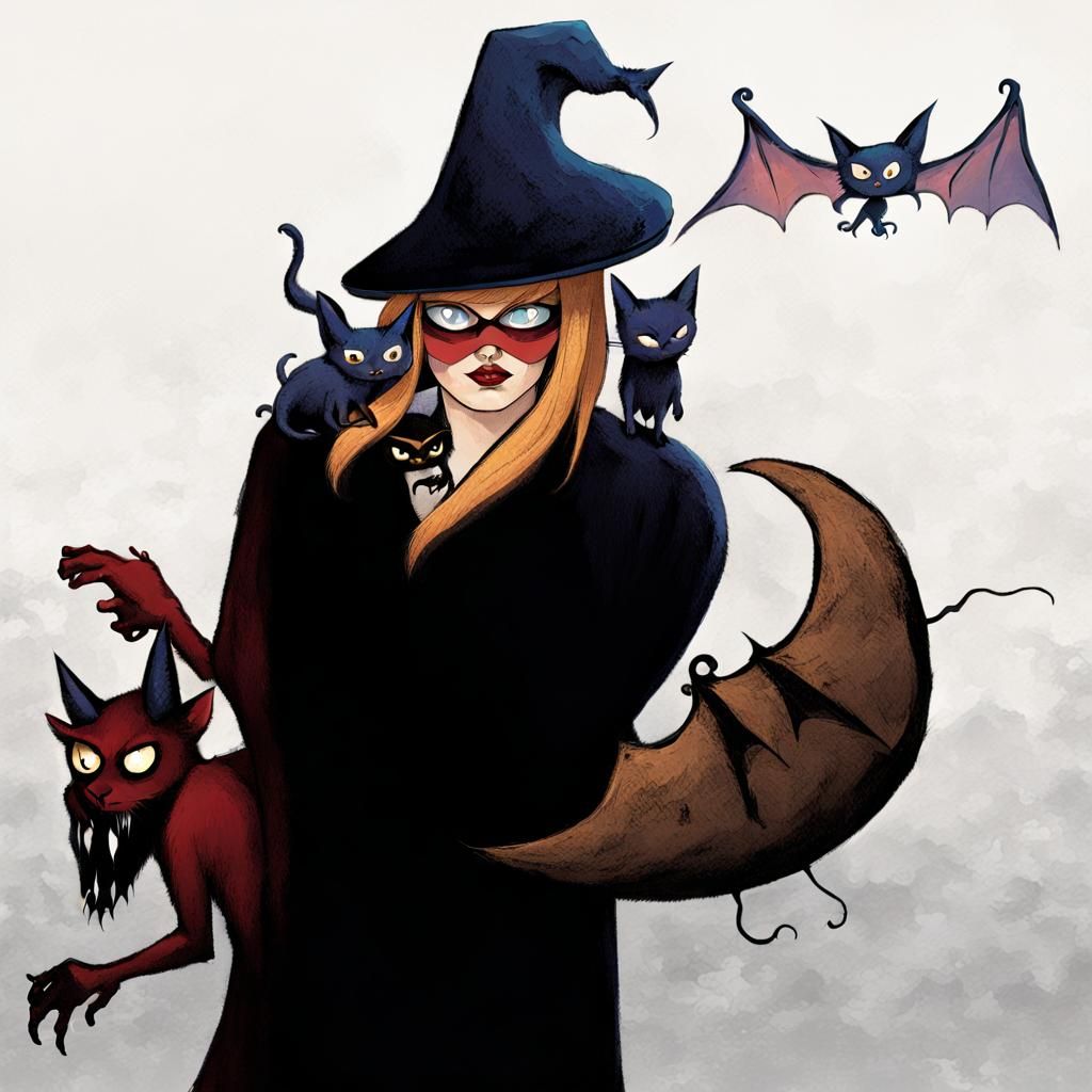 Cartoon Witch and Minions on a Broom