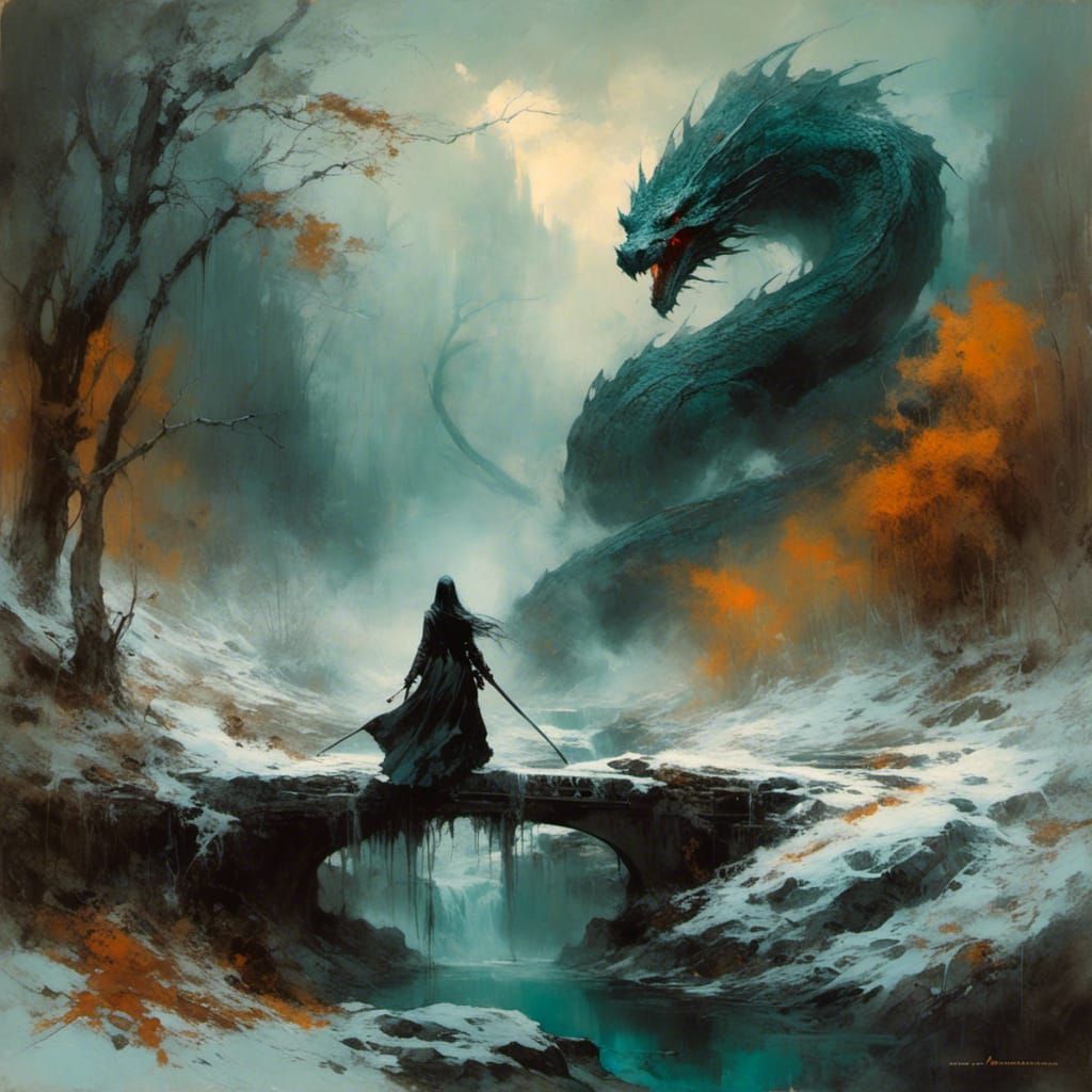 Elf Warrior Versus Snow Dragon in Hyperdetailed Painting