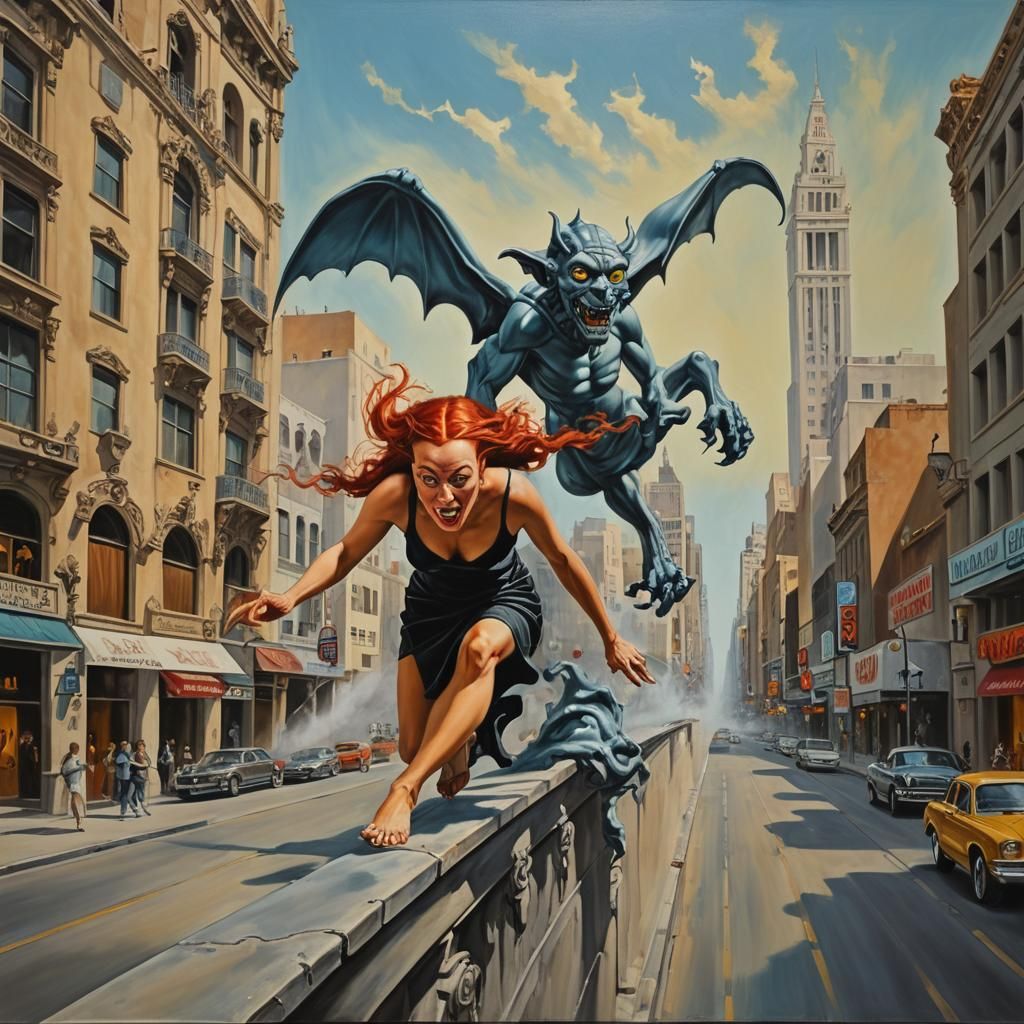 Gargoyle and Redhead Race: Surreal Oil Painting